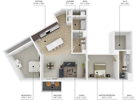 Floor plan for 2 beds, 2 baths, 1235 sqft